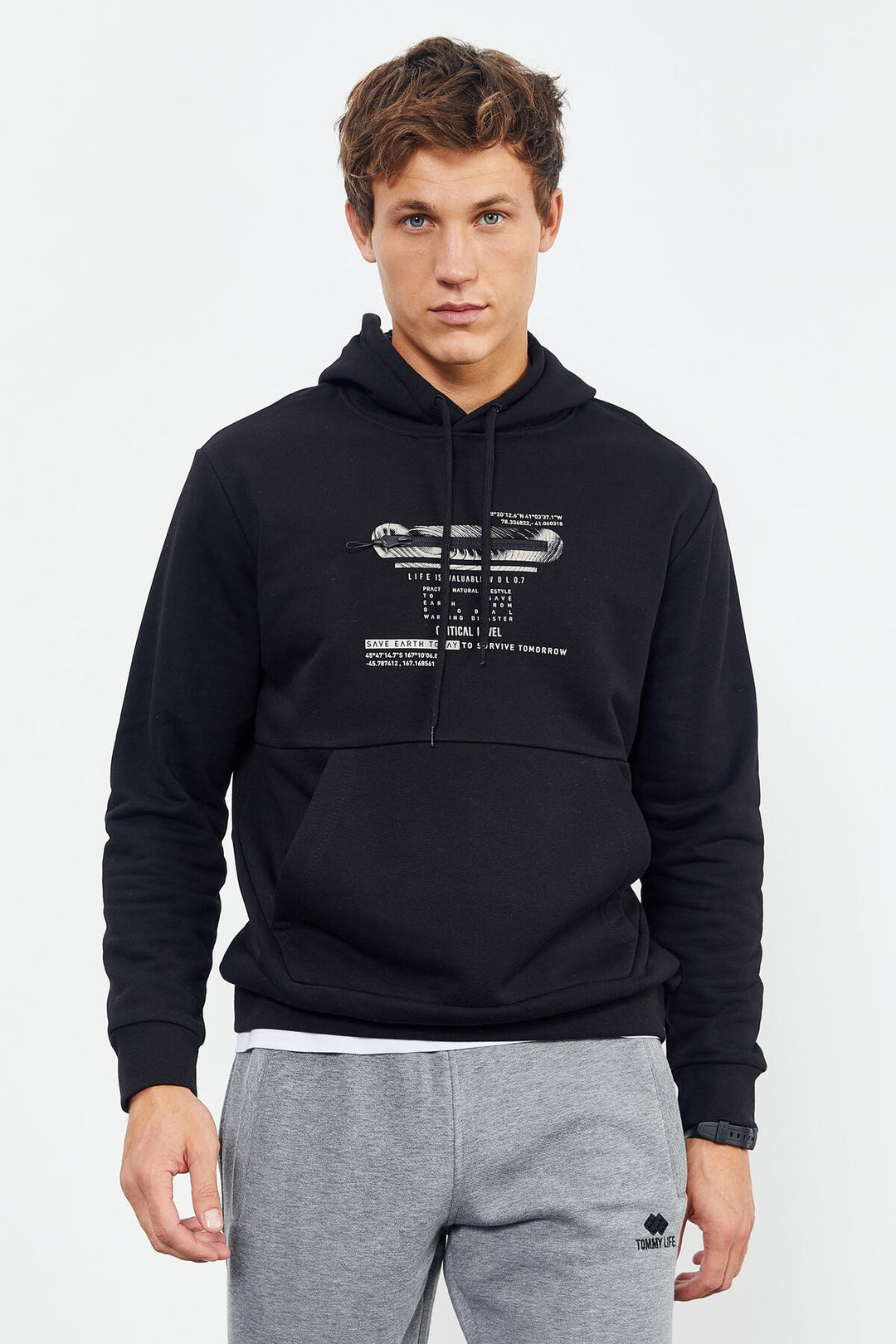 TMY Black Printed Hooded Kangaroo Pocket Comfortable Fit Men's Sweatshirt - 88019 - Levittown