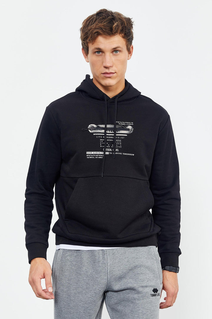 TMY Black Printed Hooded Kangaroo Pocket Comfortable Fit Men's Sweatshirt - 88019 - Levittown