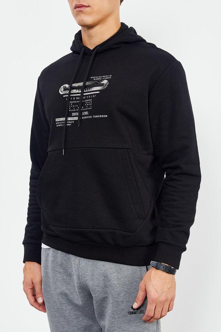 TMY Black Printed Hooded Kangaroo Pocket Comfortable Fit Men's Sweatshirt - 88019 - Levittown
