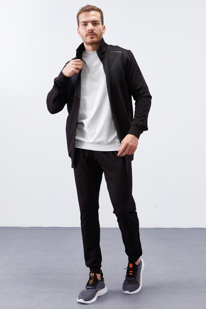 TMY Black Patterned Printed Standard Mold Cuffed Men's Tracksuit - 85151 - Görlitz
