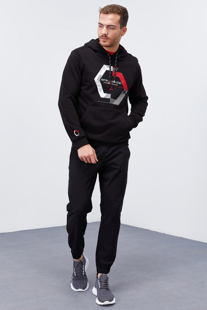 TMY Black Geometric Printed Standard Fit Hooded Men's Sweatshirt - 87870 - La Rochelle