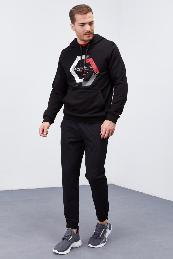 TMY Black Geometric Printed Standard Fit Hooded Men's Sweatshirt - 87870 - La Rochelle