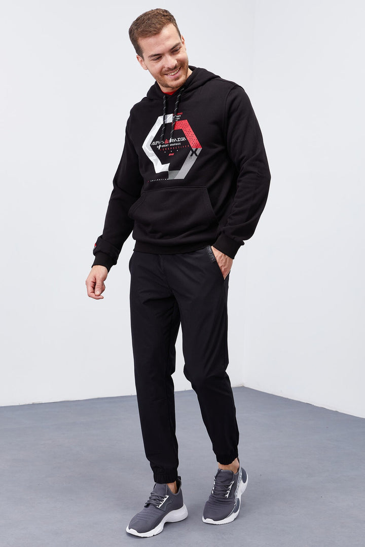 TMY Black Geometric Printed Standard Fit Hooded Men's Sweatshirt - 87870 - La Rochelle