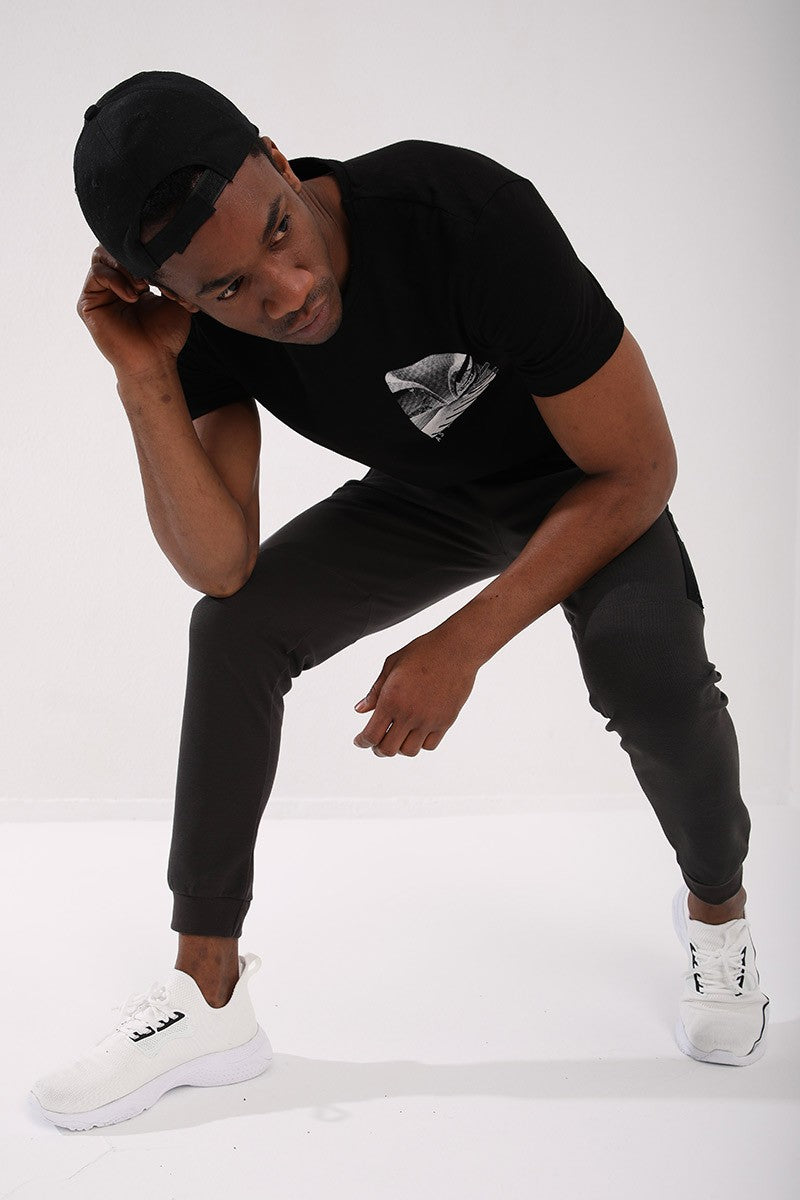 TMY Black Coordinate Detailed Regular Fit Crew Neck Men's T-Shirt with Chest Print - 87894 - Cary