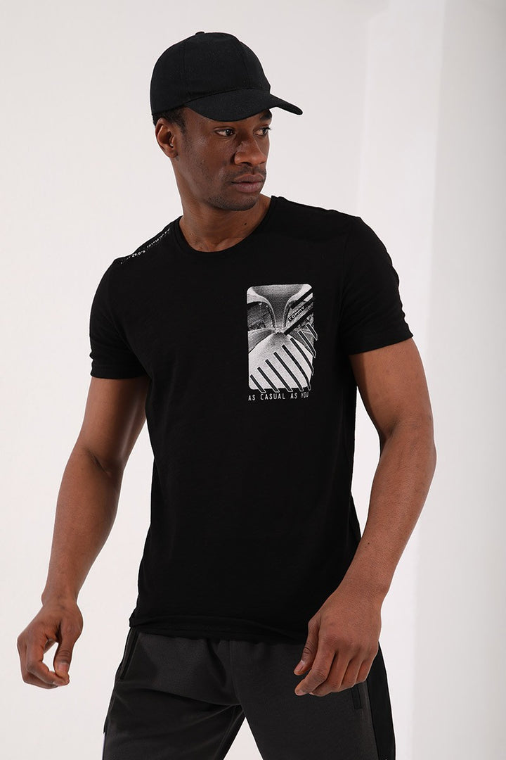TMY Black Coordinate Detailed Regular Fit Crew Neck Men's T-Shirt with Chest Print - 87894 - Cary