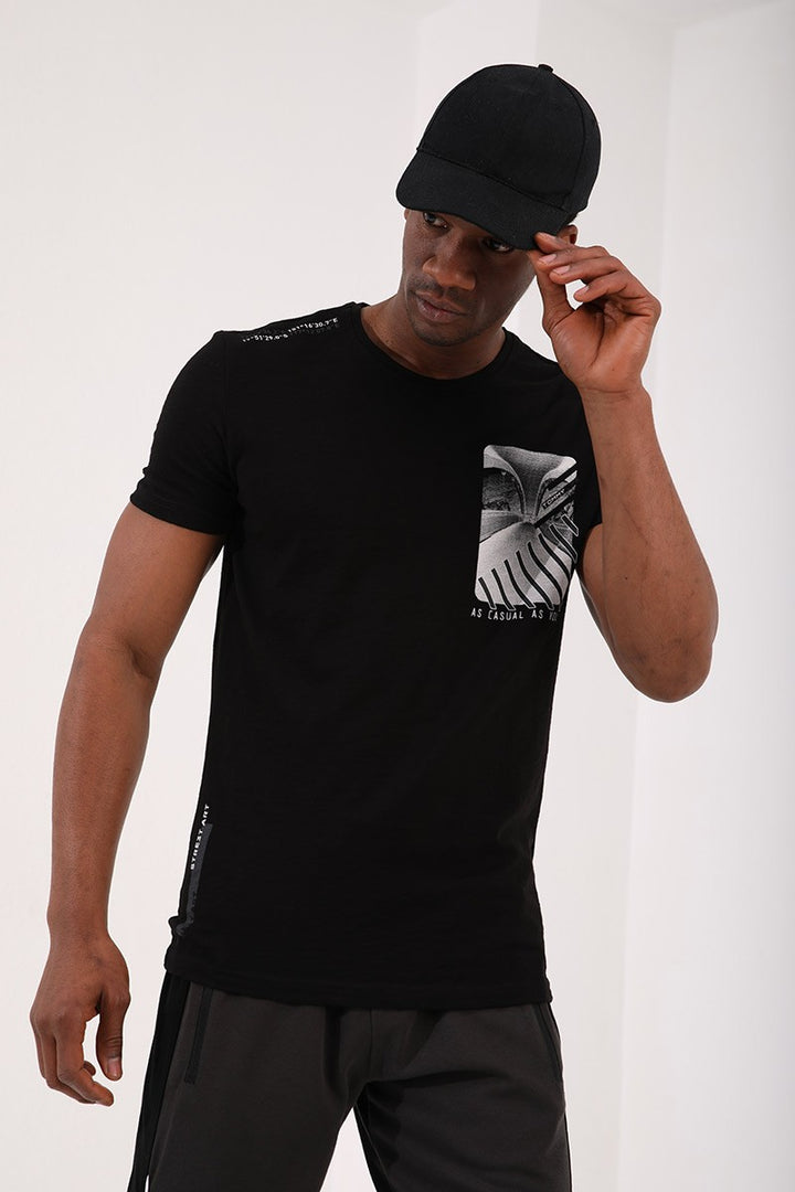 TMY Black Coordinate Detailed Regular Fit Crew Neck Men's T-Shirt with Chest Print - 87894 - Cary