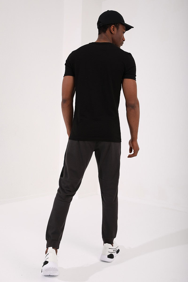 TMY Black Coordinate Detailed Regular Fit Crew Neck Men's T-Shirt with Chest Print - 87894 - Cary