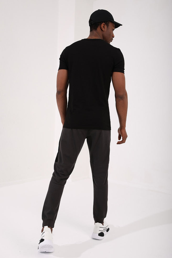 TMY Black Coordinate Detailed Regular Fit Crew Neck Men's T-Shirt with Chest Print - 87894 - Cary