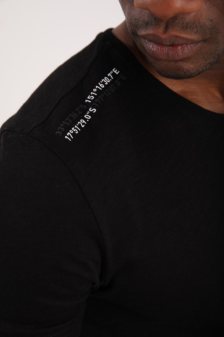 TMY Black Coordinate Detailed Regular Fit Crew Neck Men's T-Shirt with Chest Print - 87894 - Cary