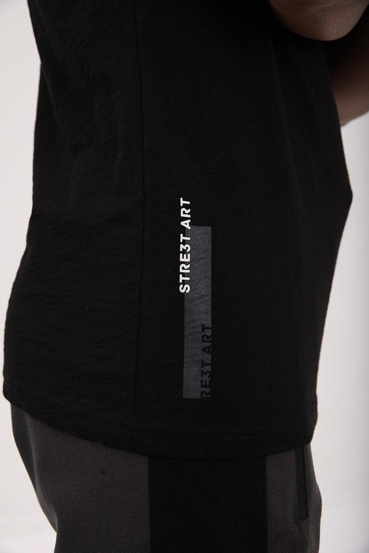 TMY Black Coordinate Detailed Regular Fit Crew Neck Men's T-Shirt with Chest Print - 87894 - Cary