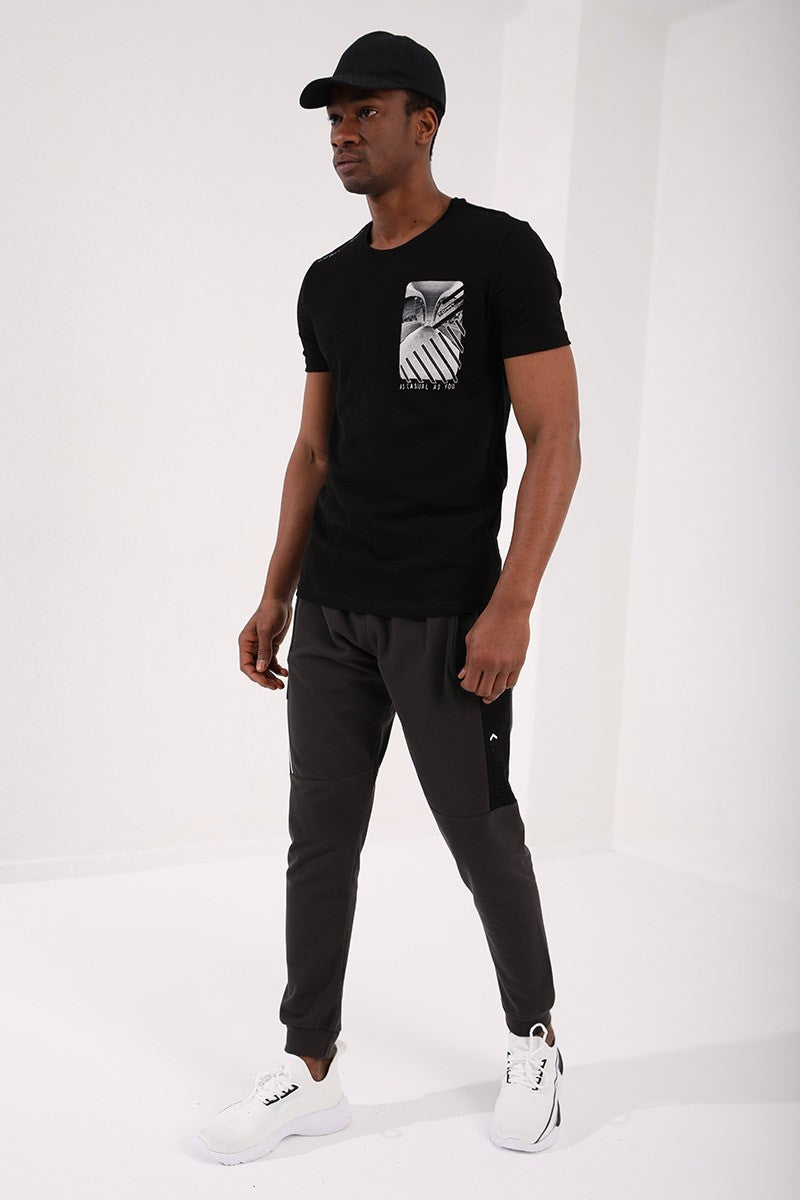 TMY Black Coordinate Detailed Regular Fit Crew Neck Men's T-Shirt with Chest Print - 87894 - Cary
