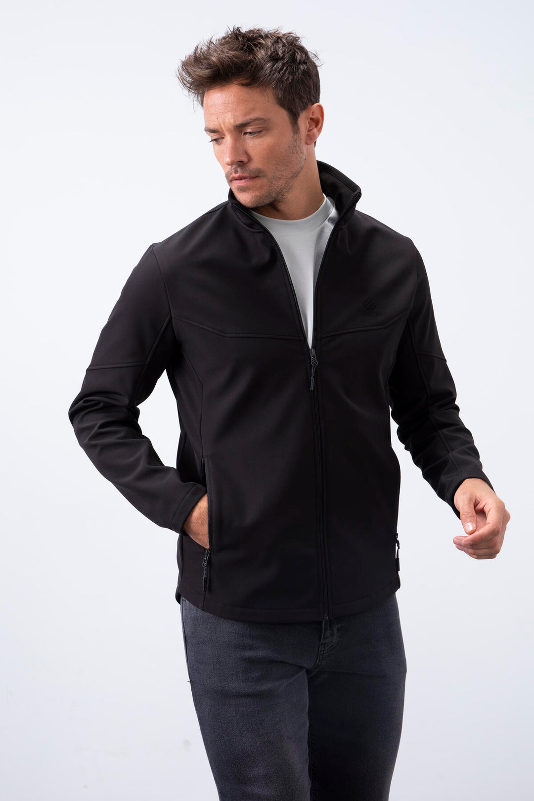 TMY Black Zippered High Neck Water and Wind Resistant Softshell Men's Jacket - 88050 - Edmonton