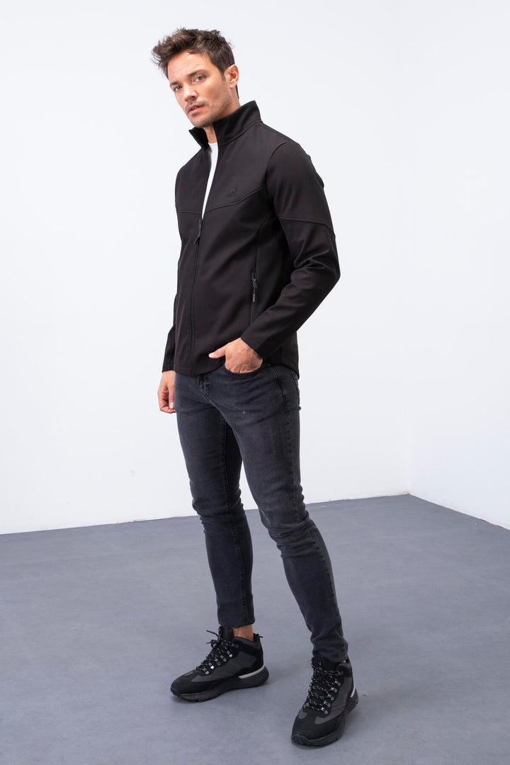 TMY Black Zippered High Neck Water and Wind Resistant Softshell Men's Jacket - 88050 - Edmonton