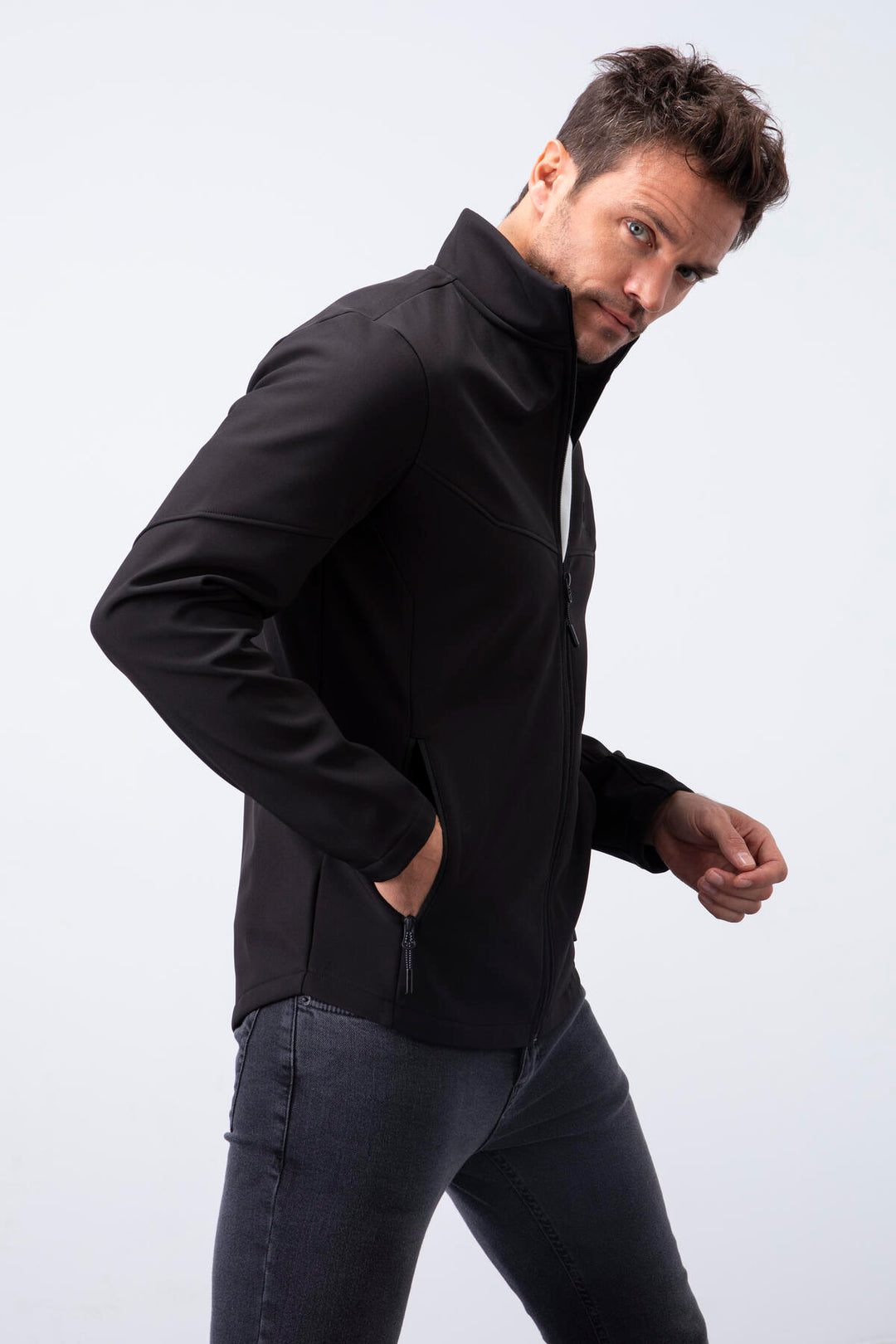 TMY Black Zippered High Neck Water and Wind Resistant Softshell Men's Jacket - 88050 - Edmonton