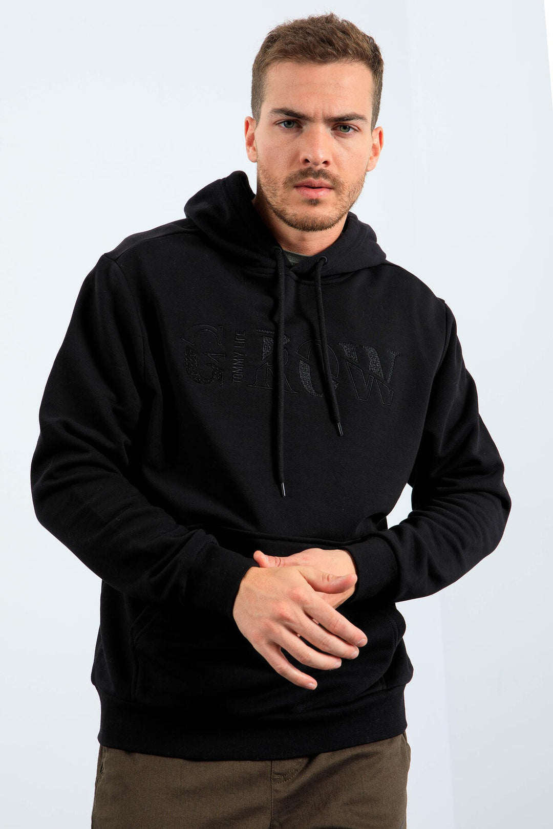 TMY Grow Black Embroidered Hooded Comfort Fit Men's Sweatshirt - 88040 - Skenderaj