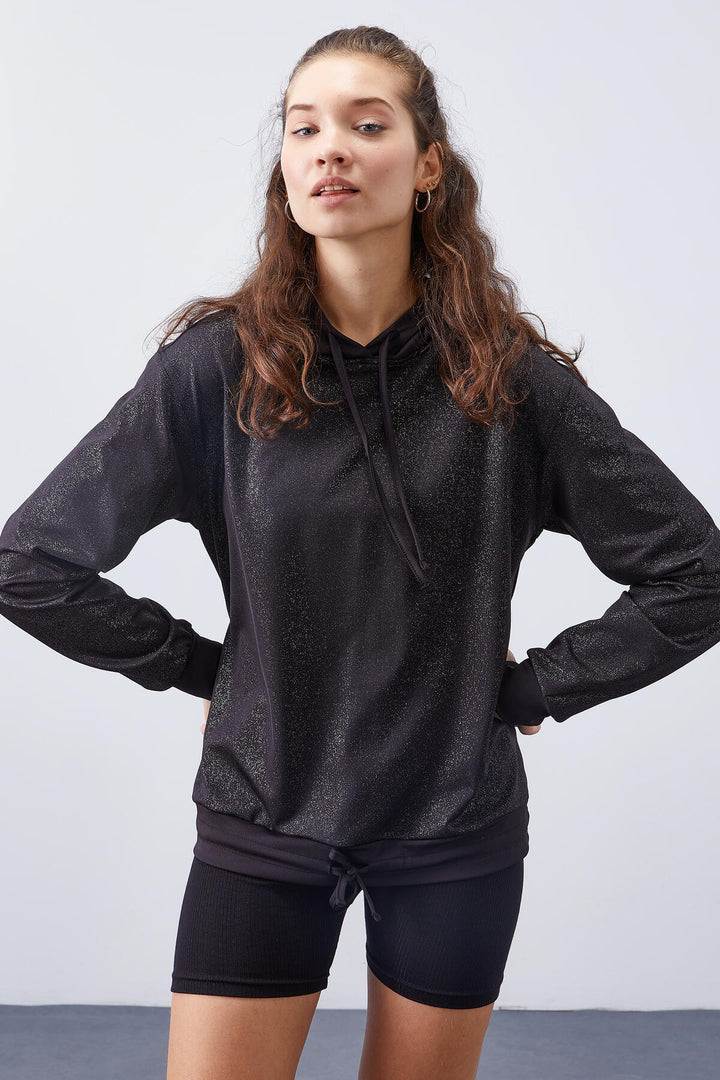 TMY Black Silver Leaf Sequined Ruched Detail Comfortable Fit Hooded Women's Sweatshirt - 97124 - Grevenbroich