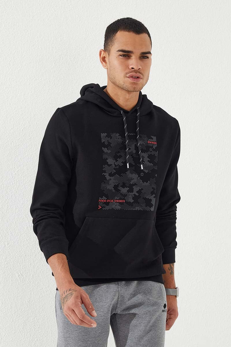TMY Black Camouflage Pattern Printed Standard Fit Hooded Men's Sweatshirt - 87884 - Alcobaça