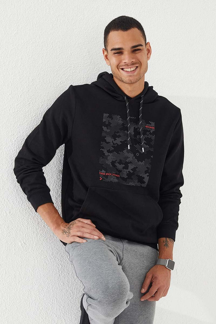TMY Black Camouflage Pattern Printed Standard Fit Hooded Men's Sweatshirt - 87884 - Alcobaça