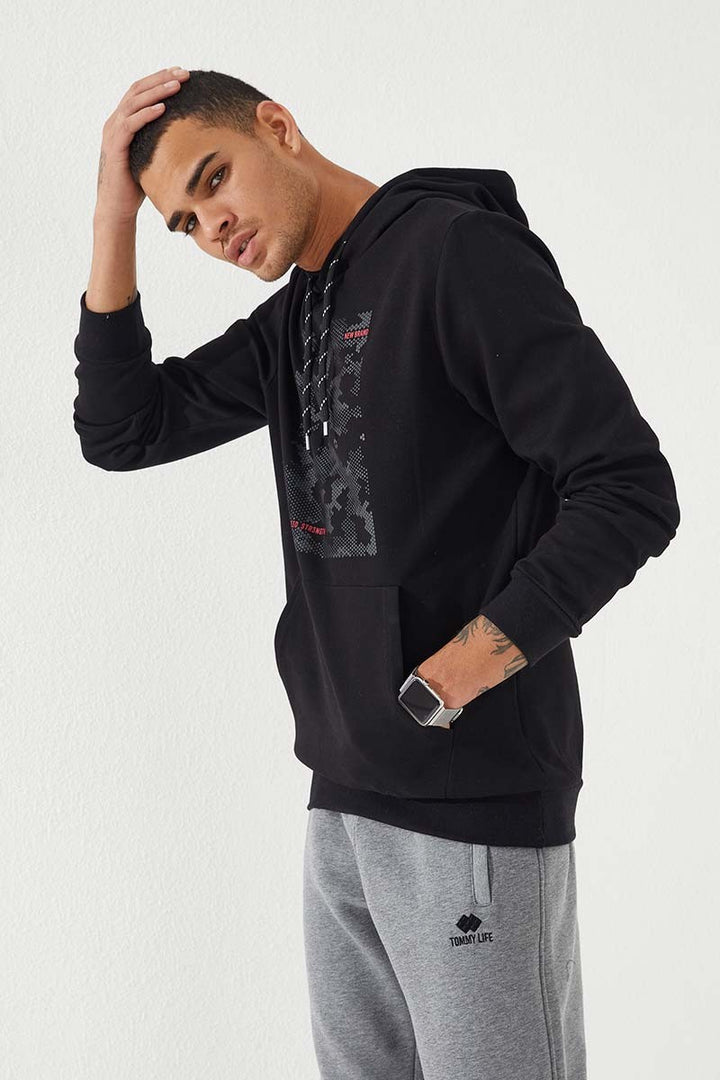 TMY Black Camouflage Pattern Printed Standard Fit Hooded Men's Sweatshirt - 87884 - Alcobaça