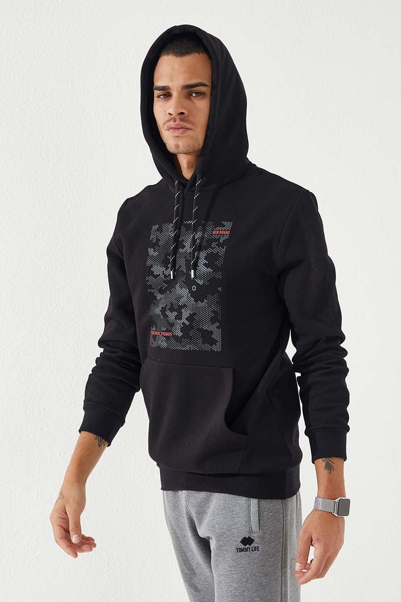 TMY Black Camouflage Pattern Printed Standard Fit Hooded Men's Sweatshirt - 87884 - Alcobaça