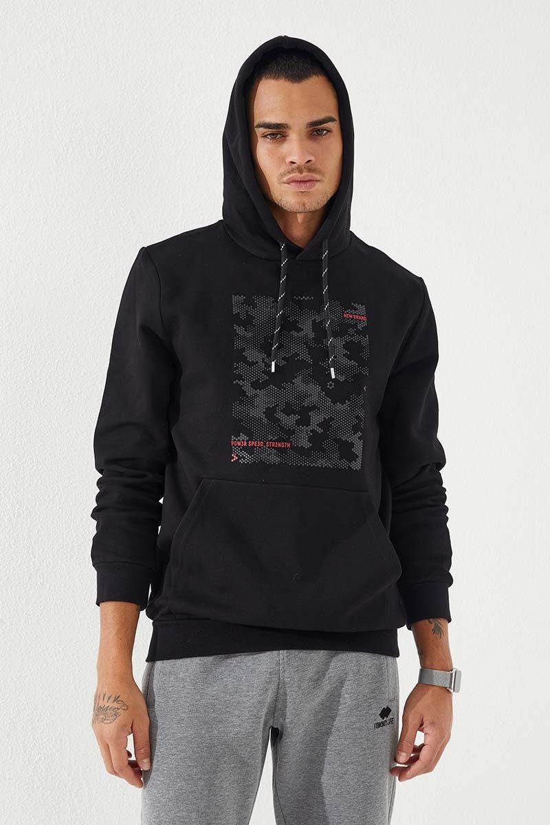 TMY Black Camouflage Pattern Printed Standard Fit Hooded Men's Sweatshirt - 87884 - Alcobaça