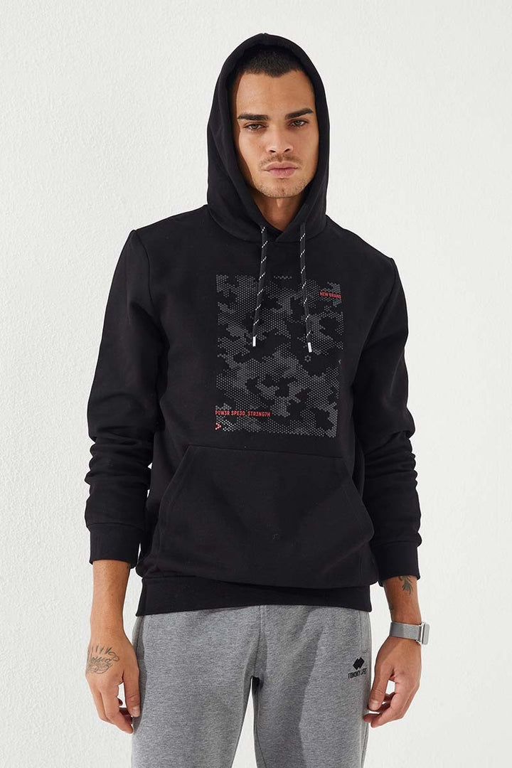 TMY Black Camouflage Pattern Printed Standard Fit Hooded Men's Sweatshirt - 87884 - Alcobaça