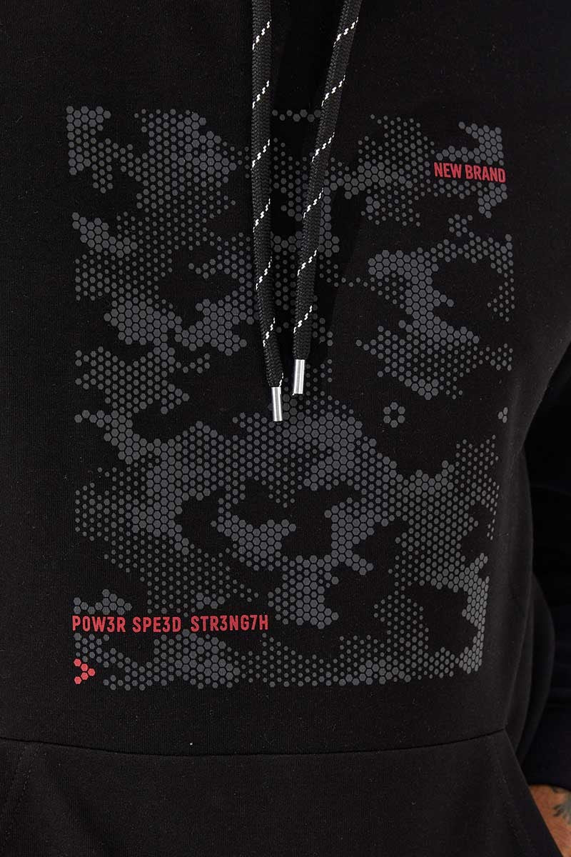 TMY Black Camouflage Pattern Printed Standard Fit Hooded Men's Sweatshirt - 87884 - Alcobaça