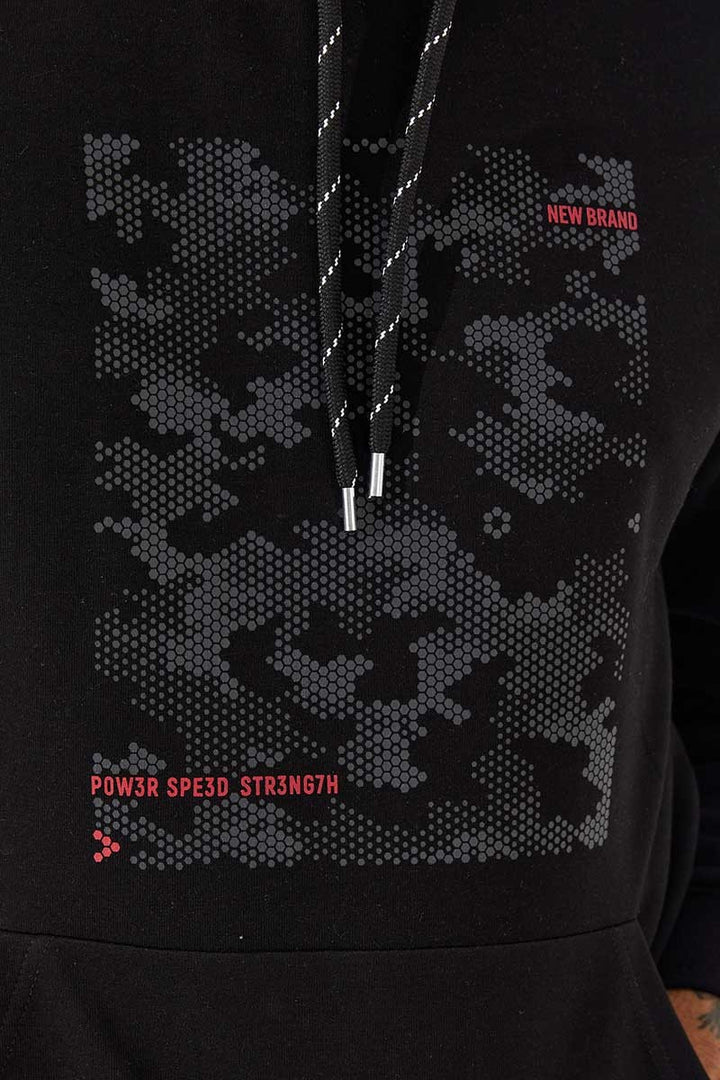 TMY Black Camouflage Pattern Printed Standard Fit Hooded Men's Sweatshirt - 87884 - Alcobaça