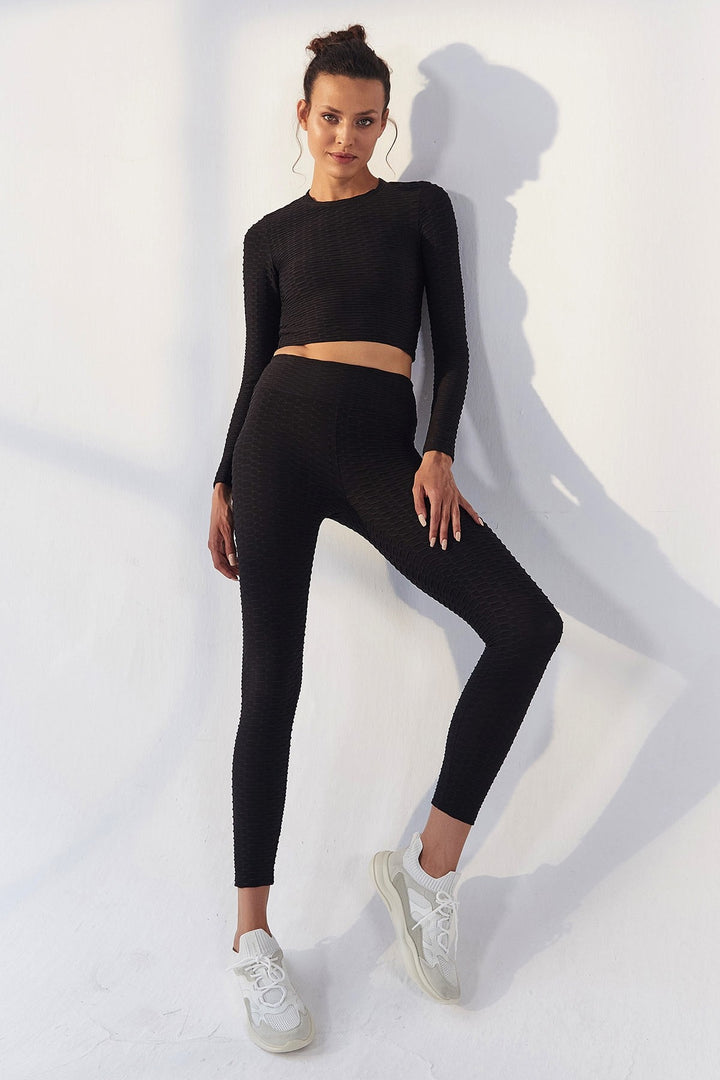 TMY Black Self Patterned O Neck Long Sleeve Women Crop Top T-Shirt - 97153 - Buffalo