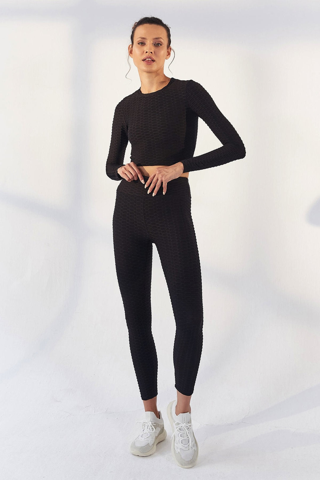 TMY Black Self Patterned O Neck Long Sleeve Women Crop Top T-Shirt - 97153 - Buffalo