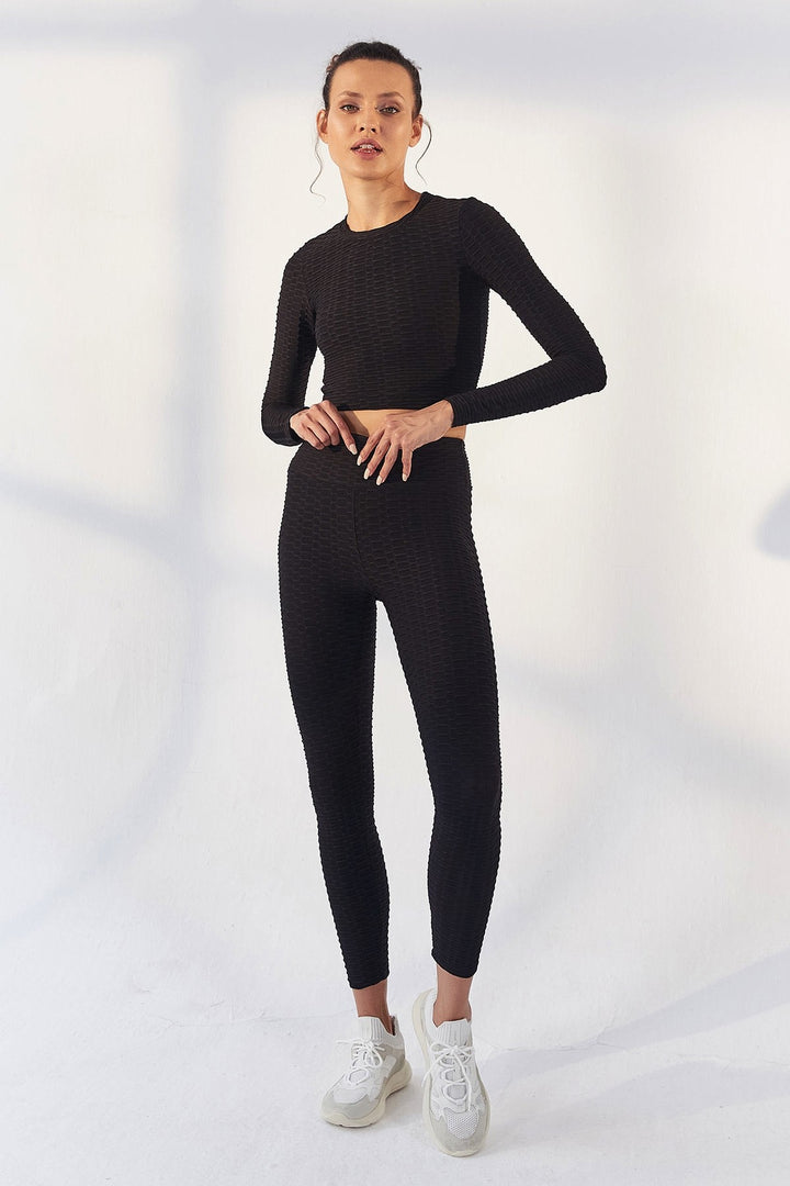 TMY Black Self Patterned O Neck Long Sleeve Women Crop Top T-Shirt - 97153 - Buffalo