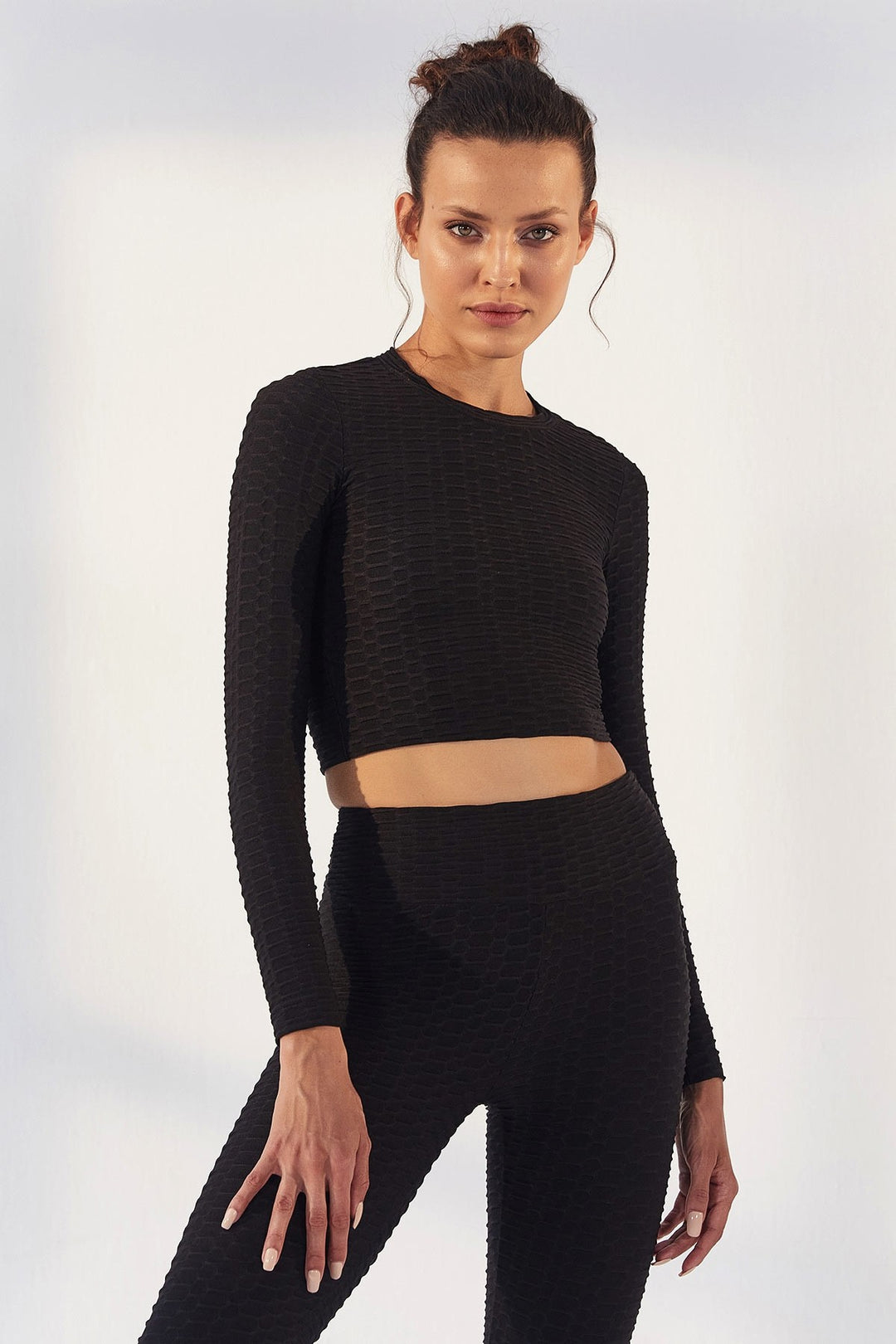 TMY Black Self Patterned O Neck Long Sleeve Women Crop Top T-Shirt - 97153 - Buffalo