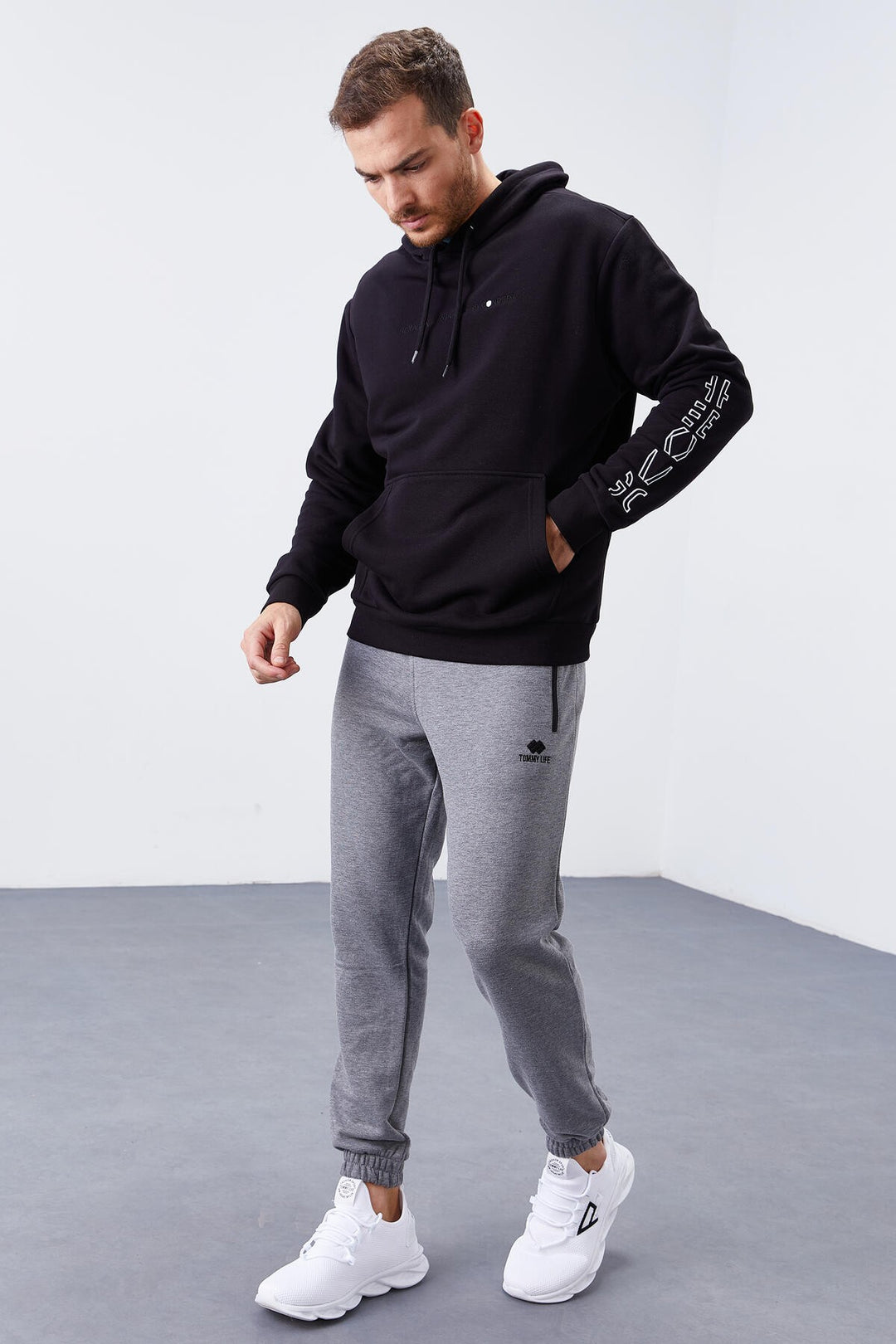TMY Black Arm Printed Hooded Comfortable Fit Men's Sweatshirt - 88038 - Clermont-Ferrand