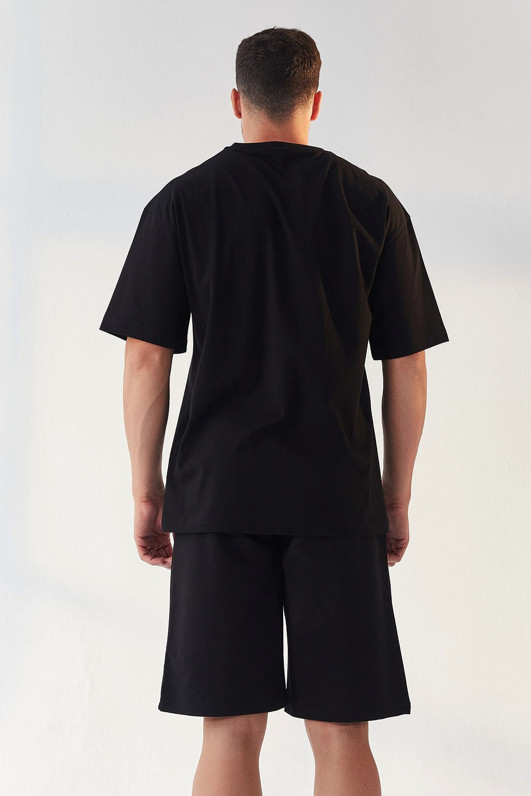 TMY Black Small Text Printed O Neck Men's Oversize Bermuda Shorts Set - 85156 - Jiménez