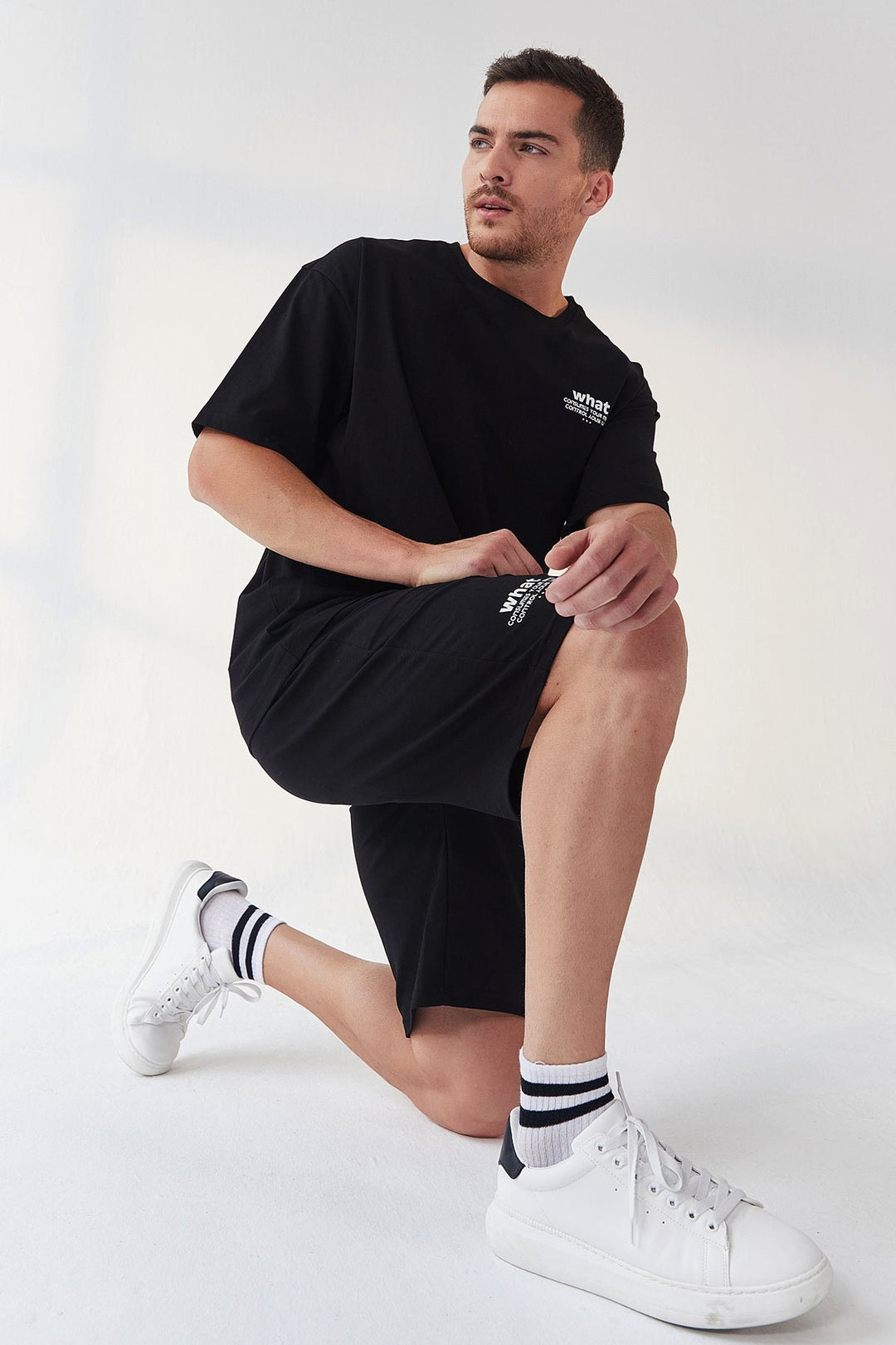TMY Black Small Text Printed O Neck Men's Oversize Bermuda Shorts Set - 85156 - Jiménez