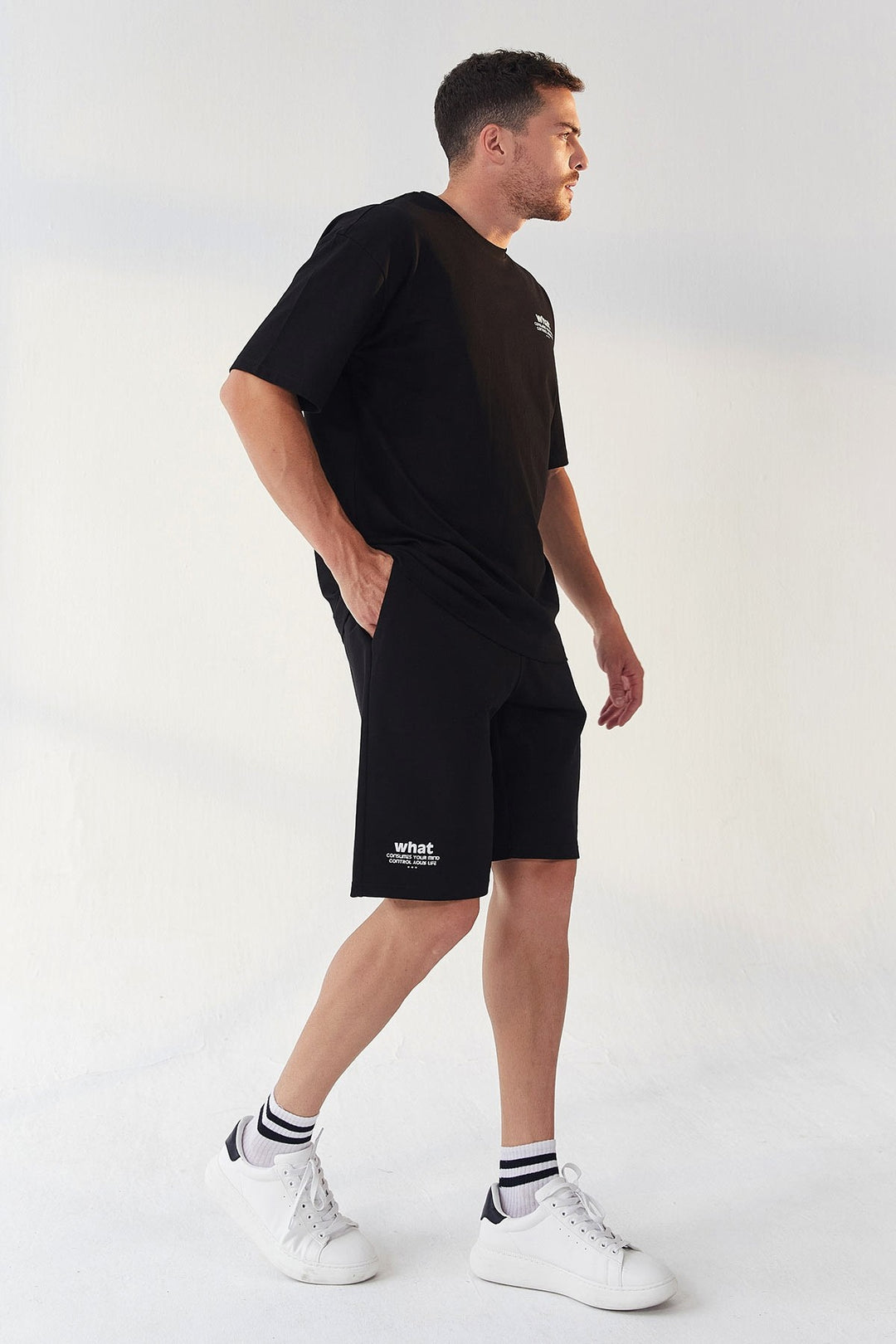 TMY Black Small Text Printed O Neck Men's Oversize Bermuda Shorts Set - 85156 - Jiménez