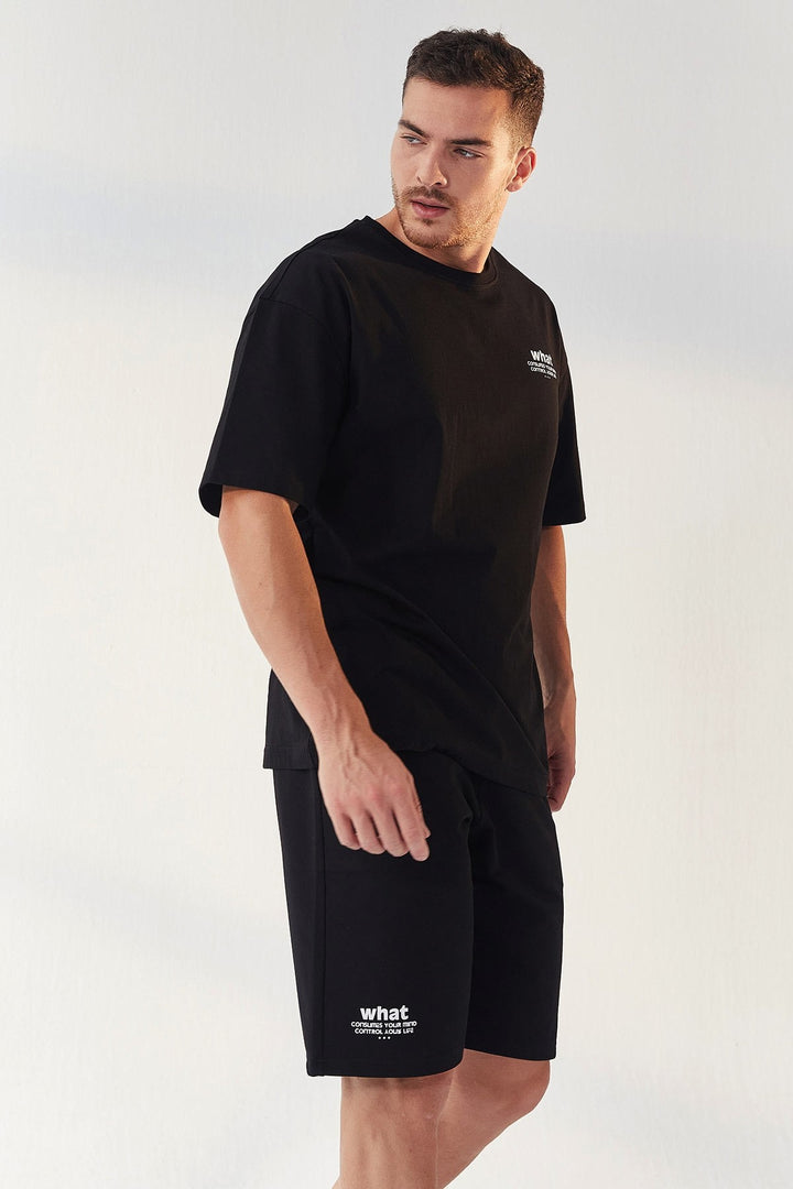 TMY Black Small Text Printed O Neck Men's Oversize Bermuda Shorts Set - 85156 - Jiménez