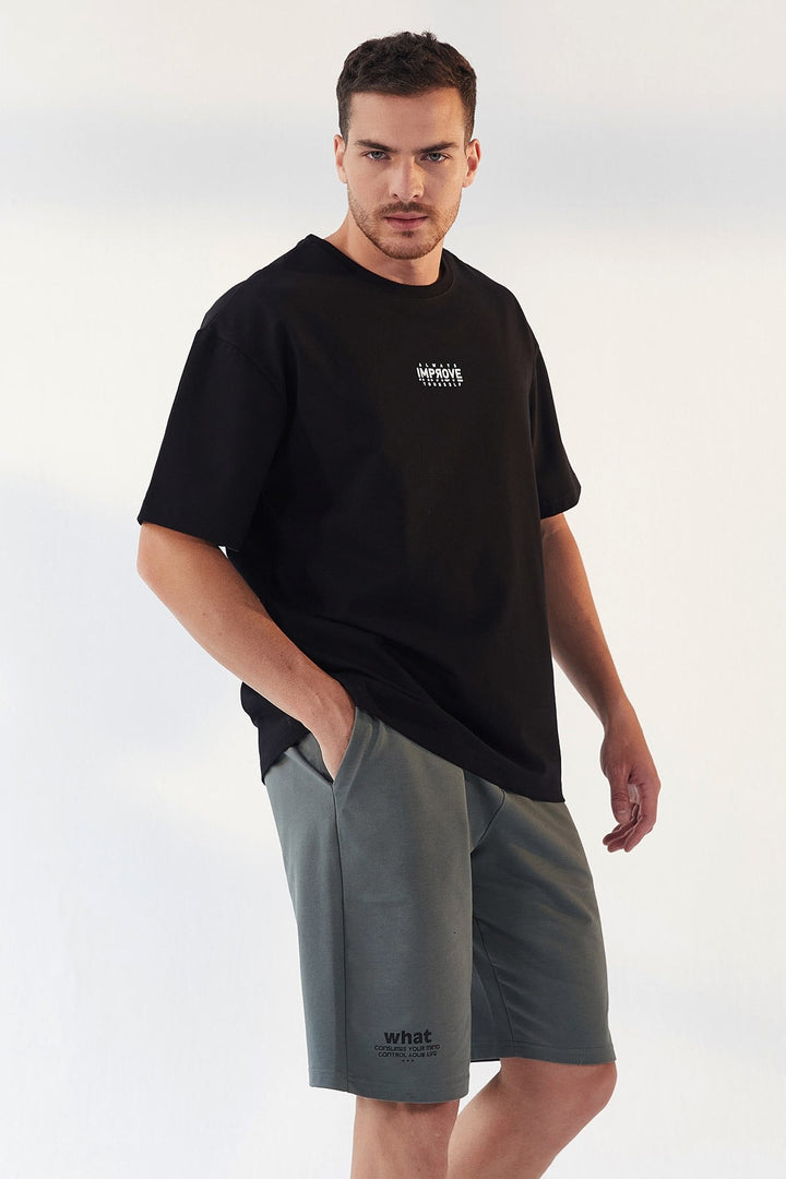 TMY Black Small Text Printed O Neck Men's Oversize T-Shirt - 87985 - Georgina