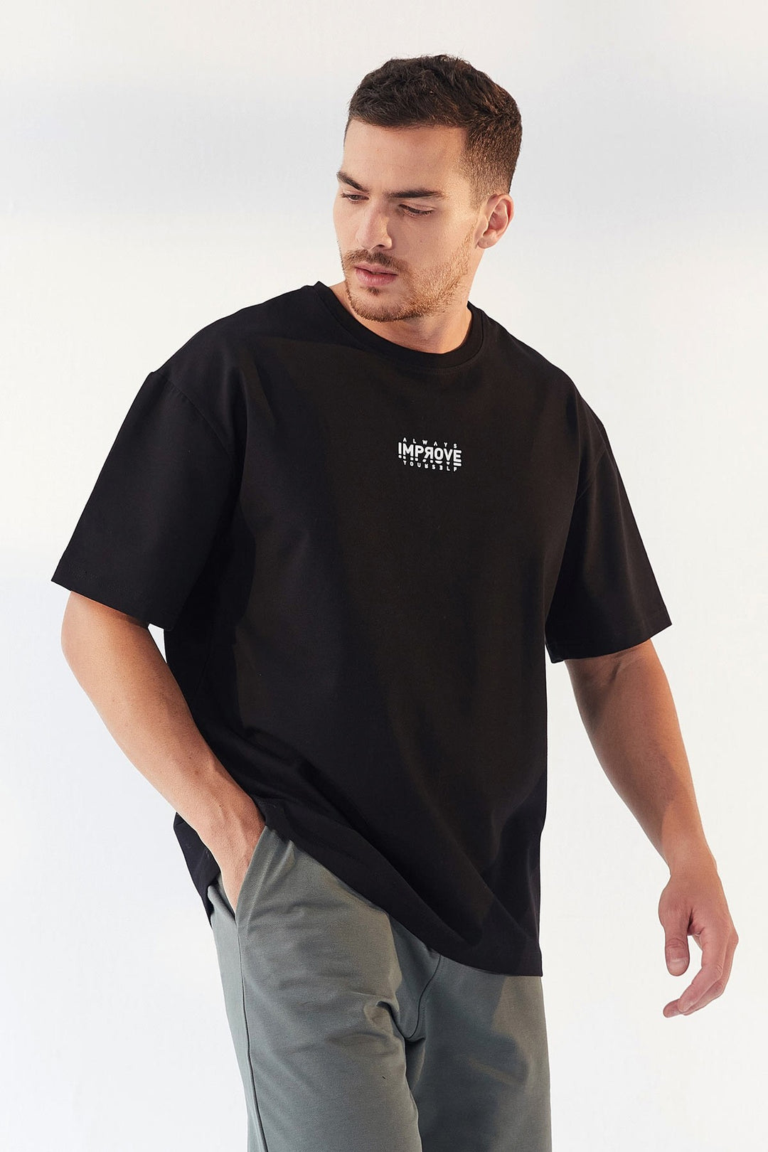 TMY Black Small Text Printed O Neck Men's Oversize T-Shirt - 87985 - Georgina