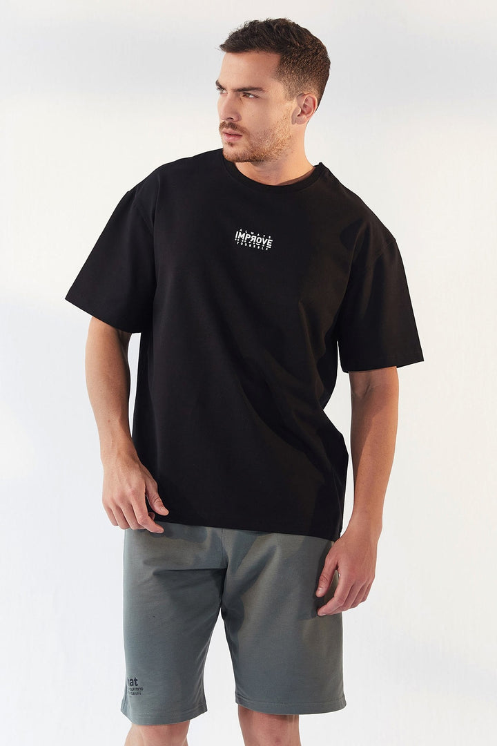 TMY Black Small Text Printed O Neck Men's Oversize T-Shirt - 87985 - Georgina