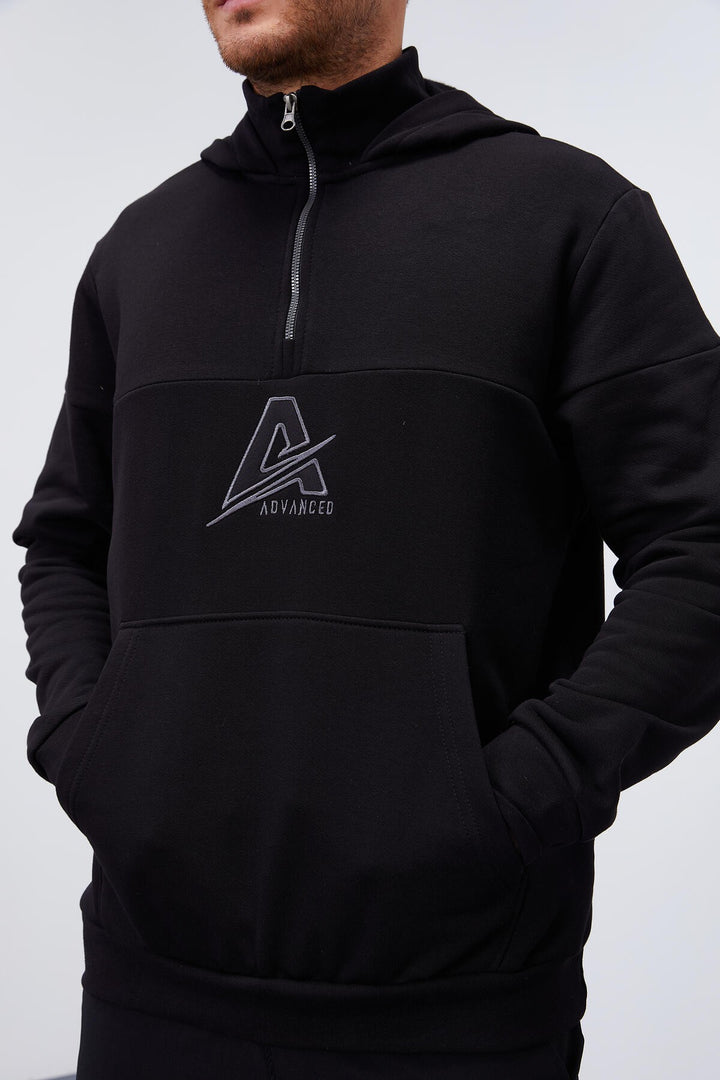 TMY Black Men's Half Zip Standard Fit Hooded Sweatshirt - 88033 - Buchholz in der Nordheide