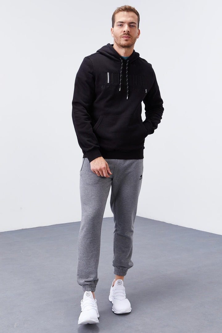 TMY Black Embroidered Kangaroo Pocket Standard Fit Hooded Men's Sweatshirt - 87839 - Kirchheim unter Teck