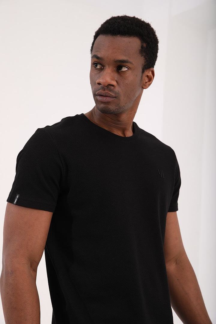 TMY Black Honeycomb Patterned Double Arrow Logo Standard Mold O Neck Men's T-Shirt - 87921 - Wilmington