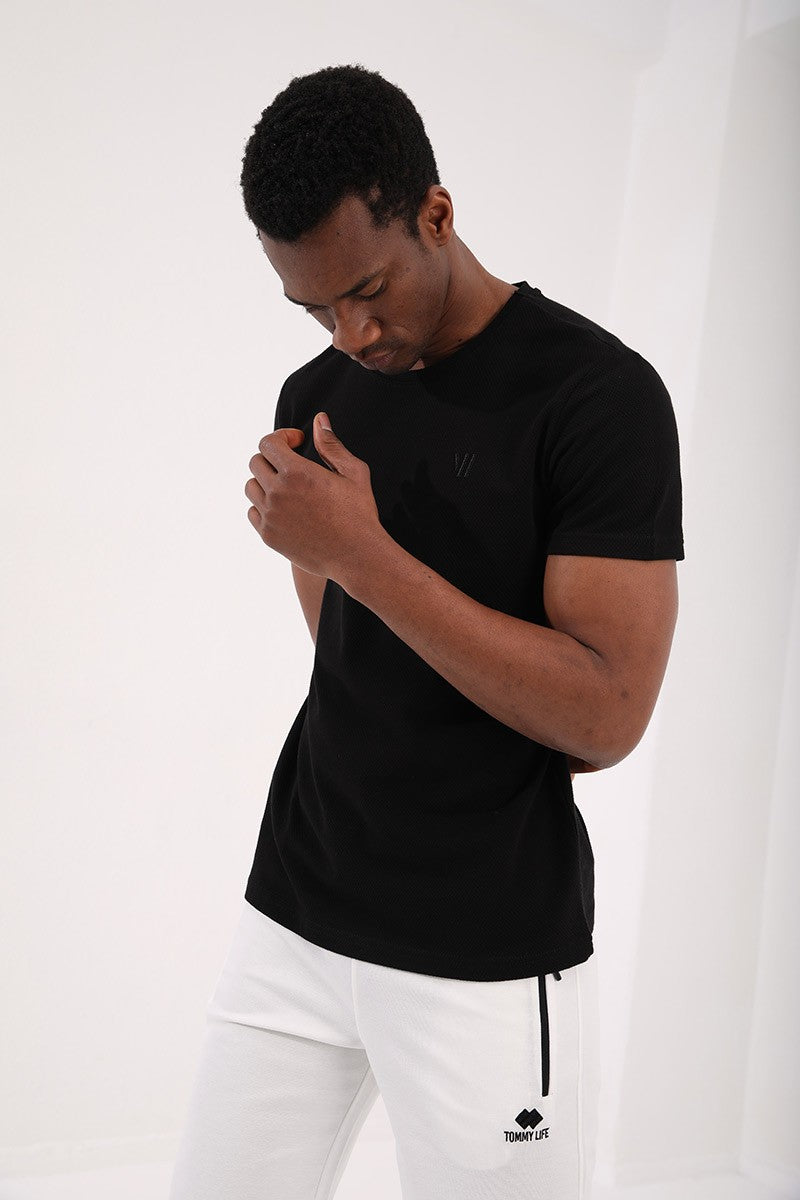 TMY Black Honeycomb Patterned Double Arrow Logo Standard Mold O Neck Men's T-Shirt - 87921 - Wilmington