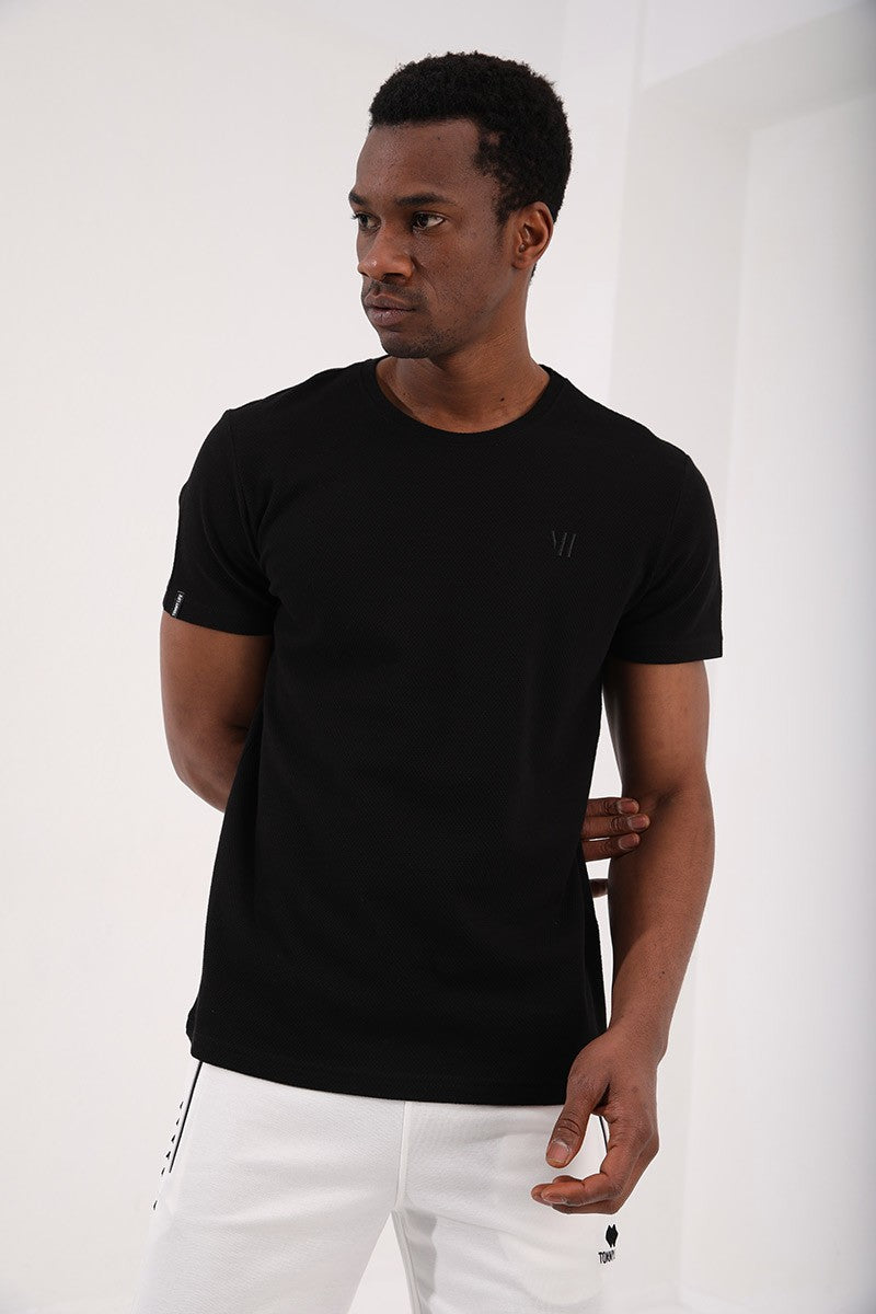 TMY Black Honeycomb Patterned Double Arrow Logo Standard Mold O Neck Men's T-Shirt - 87921 - Wilmington