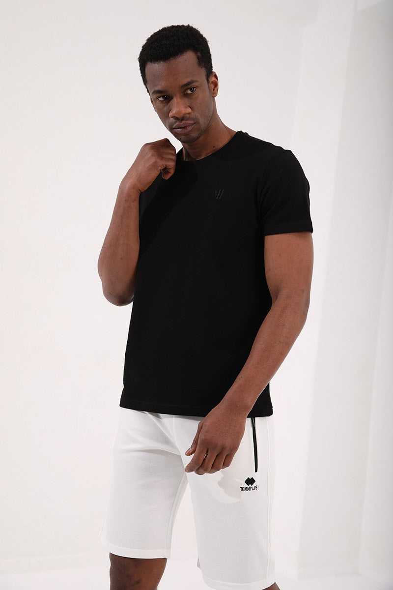 TMY Black Honeycomb Patterned Double Arrow Logo Standard Mold O Neck Men's T-Shirt - 87921 - Wilmington