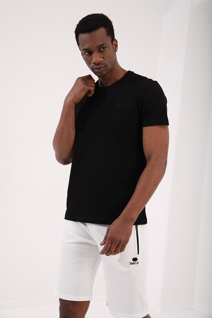 TMY Black Honeycomb Patterned Double Arrow Logo Standard Mold O Neck Men's T-Shirt - 87921 - Wilmington