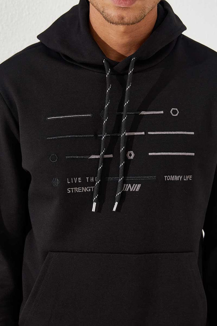 TMY Black Striped Embroidered Standard Fit Hooded Men's Sweatshirt - 87885 - Sesto Fiorentino