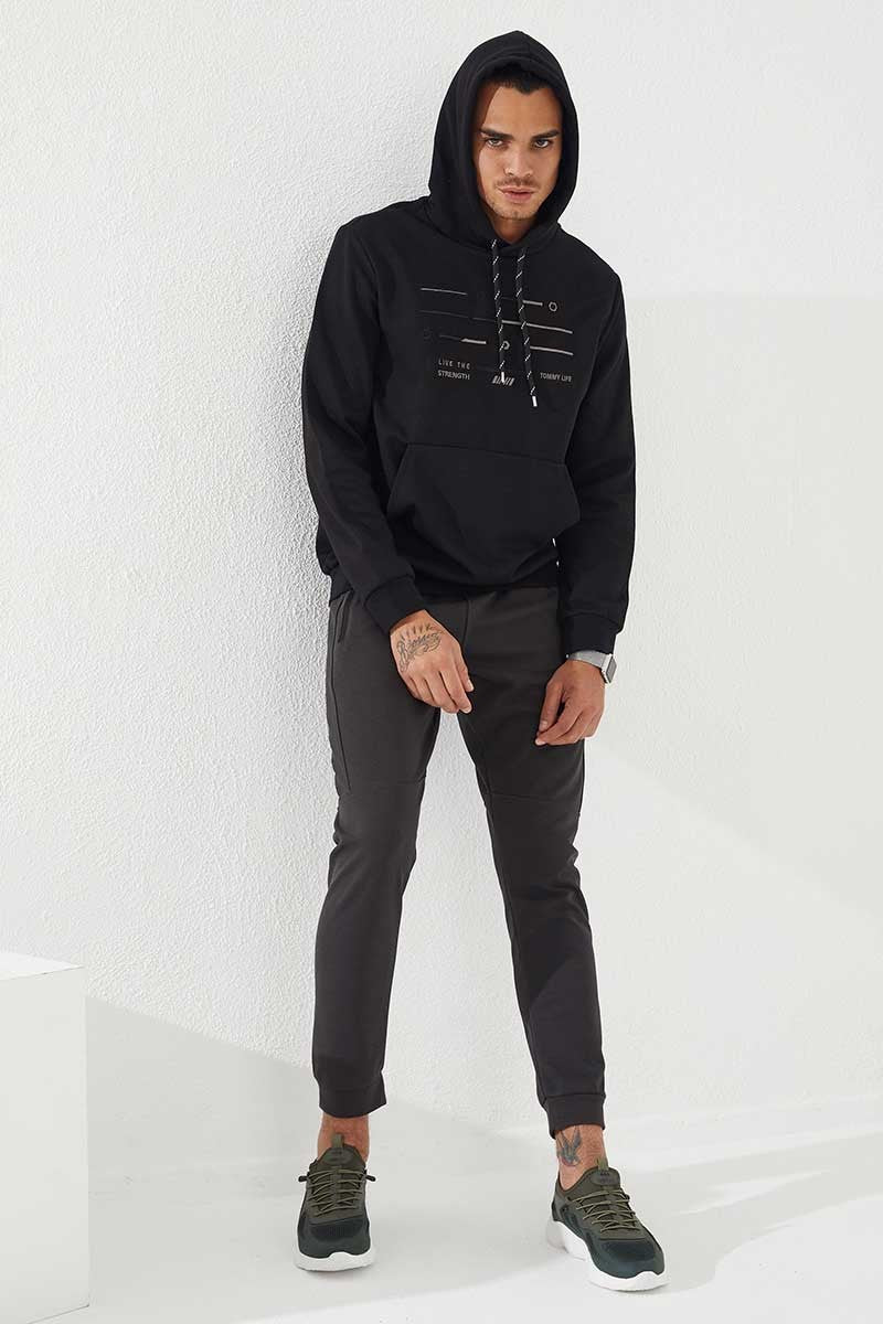 TMY Black Striped Embroidered Standard Fit Hooded Men's Sweatshirt - 87885 - Sesto Fiorentino