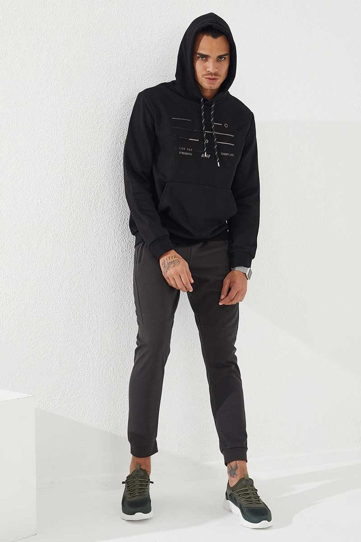TMY Black Striped Embroidered Standard Fit Hooded Men's Sweatshirt - 87885 - Sesto Fiorentino